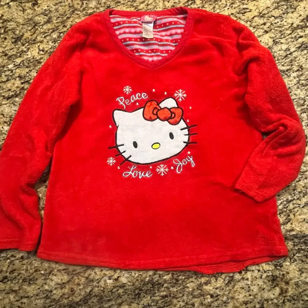 Hello Kitty Girls Small 4-6 Pajamas Shirt Pace Love Joy Red Snow Flake‎